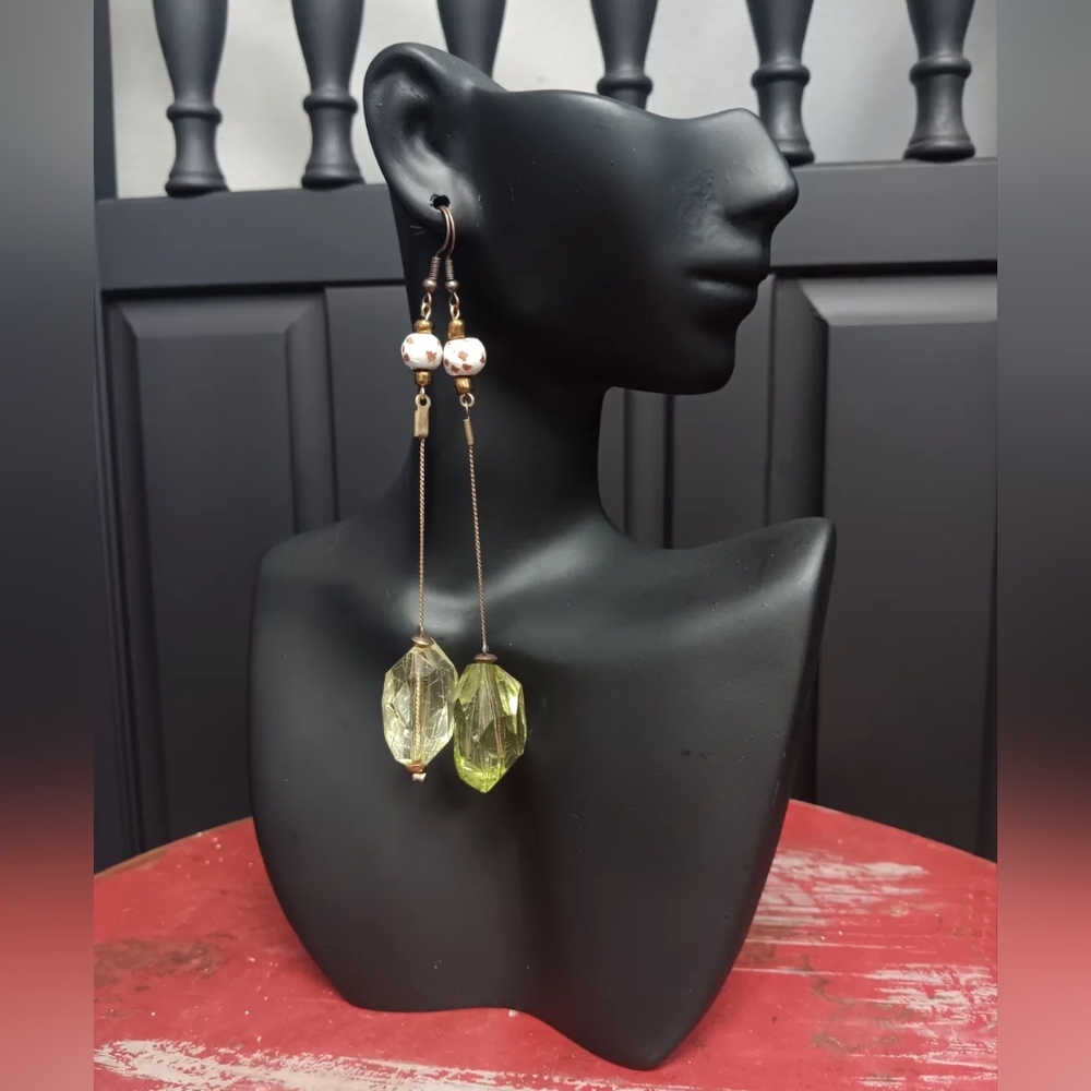 Dangling Chain and Green Jewel Earrings